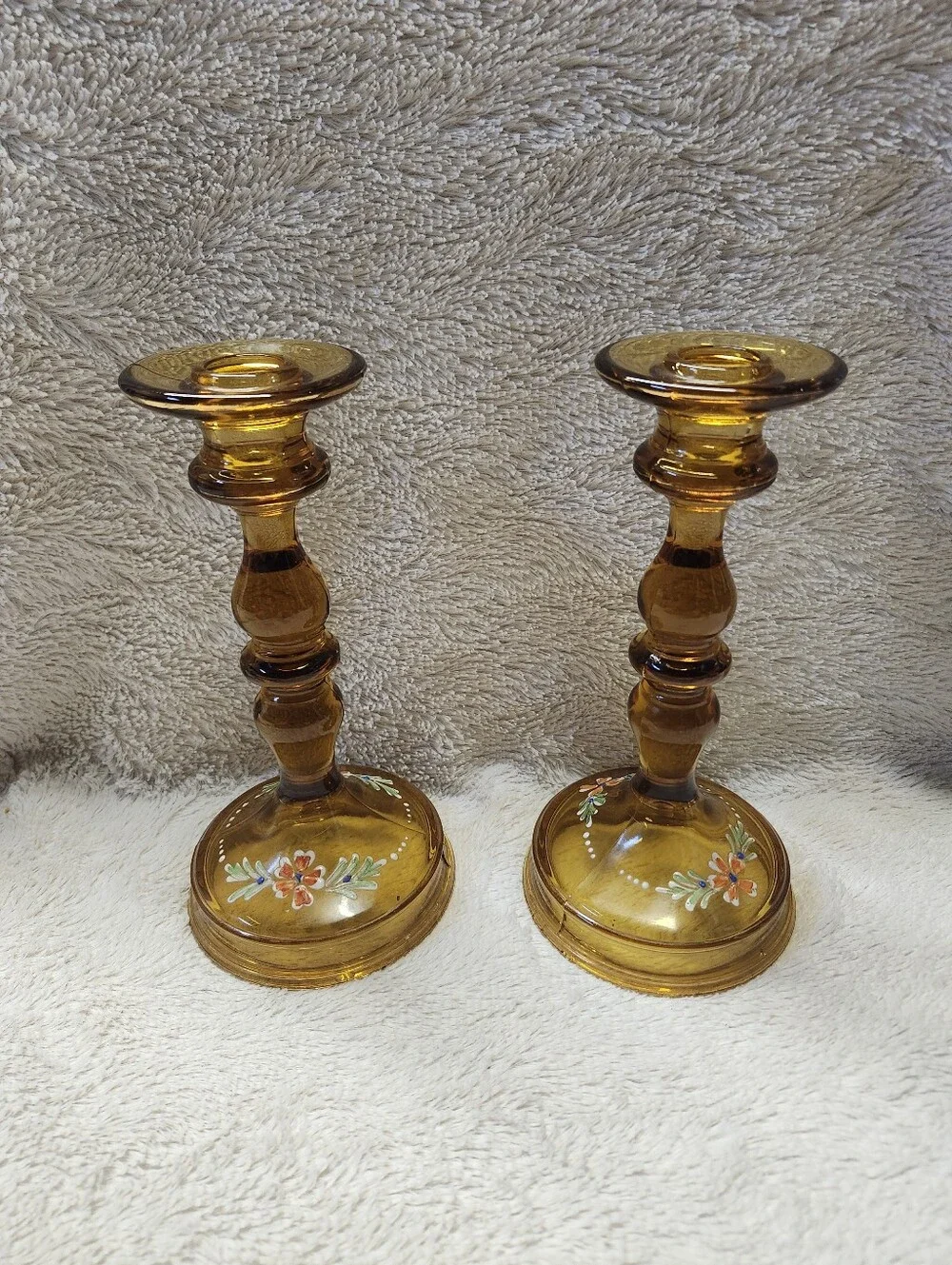 • Pair Vintage Tiffin Glass Amber Candle Holders Hand-Painted Flowers 1930